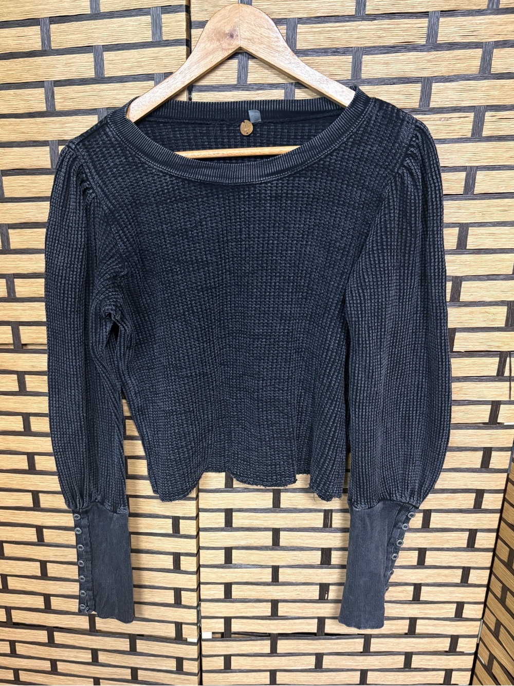 Free People One Black waffle knit long sleeve top size xl